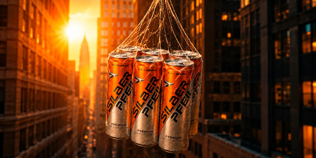 Silberpfeil Black Orange premium energy drink cans suspended in a net above a city street at golden sunset, with warm orange reflections and urban skyscrapers in the background.