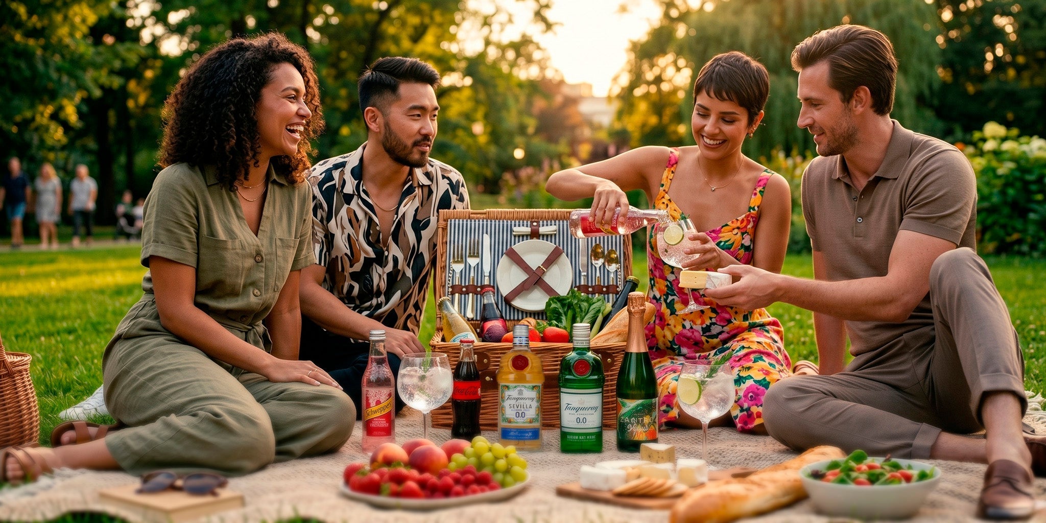 Zero alcohol summer picnic setup with non-alcoholic drinks and fresh snacks outdoors