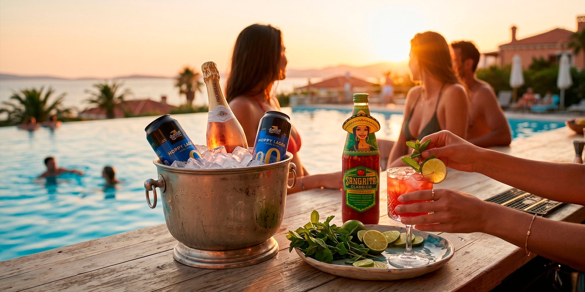 The Poolside Zero Bar with non-alcoholic cocktails, fresh lime, mint, ice-cold drinks, and elegant glassware by a luxury swimming pool at sunset, showcasing a stylish alcohol-free summer entertaining setup.