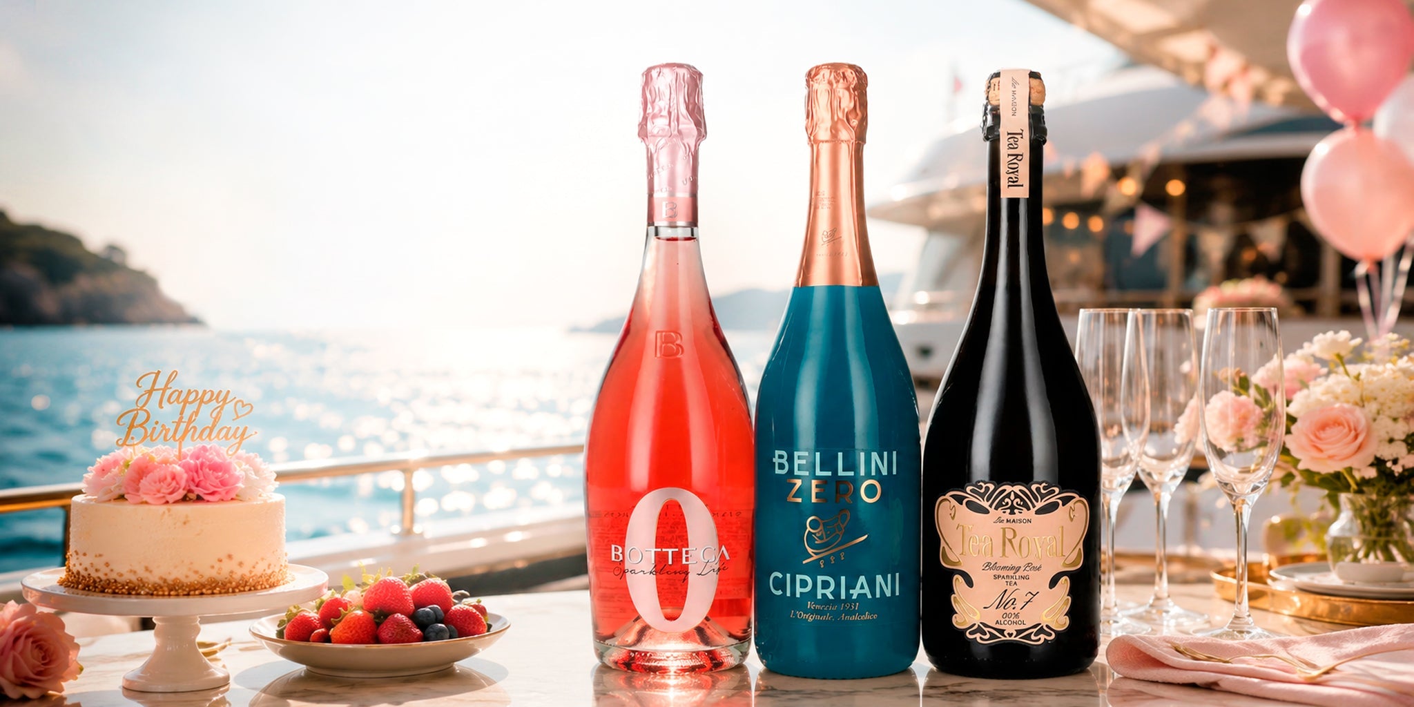 Alcohol-free summer birthday drinks with Bottega Zero, Bellini Zero Cipriani and Tea Royal sparkling tea on a yacht party table with cake, berries, flowers and champagne glasses.