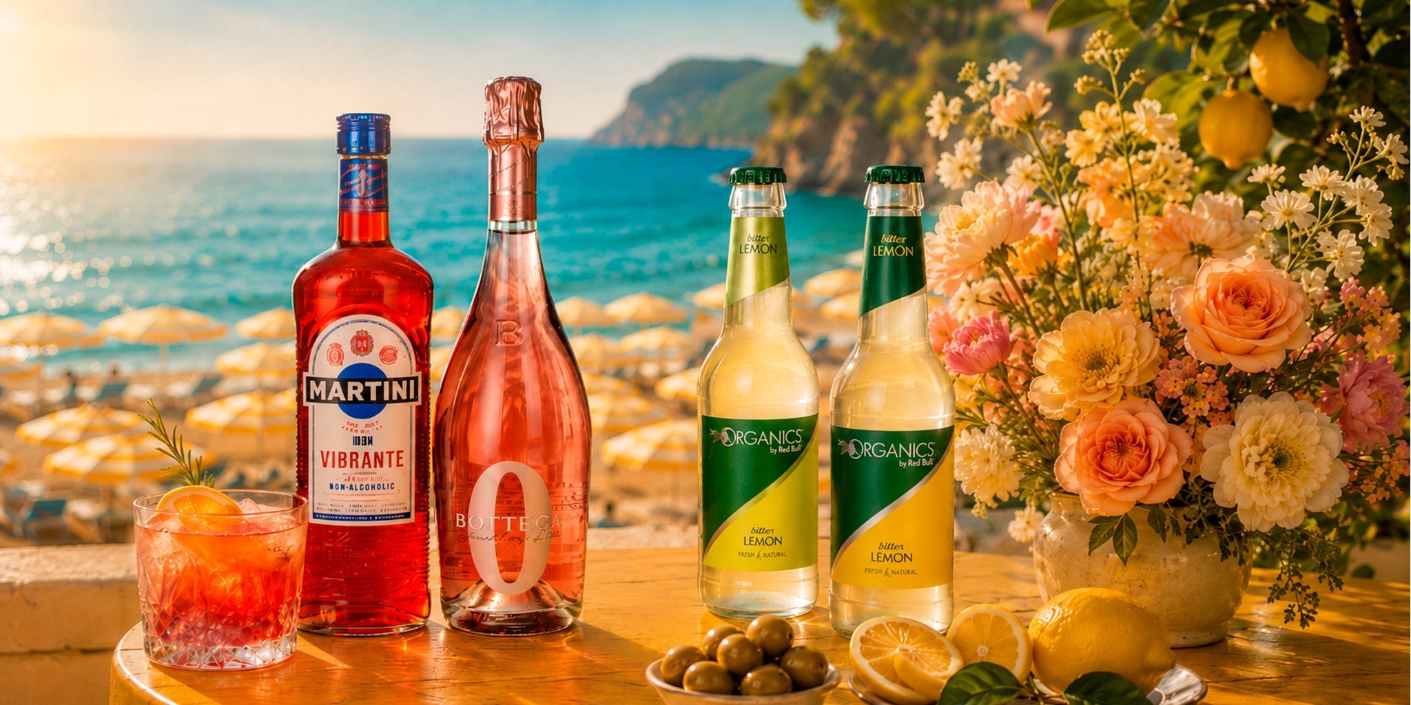 Alcohol-free spritz setup with Martini Vibrante, Bottega Zero sparkling wine and Red Bull Organics Bitter Lemon on a sunny seaside terrace with citrus, olives and flowers.