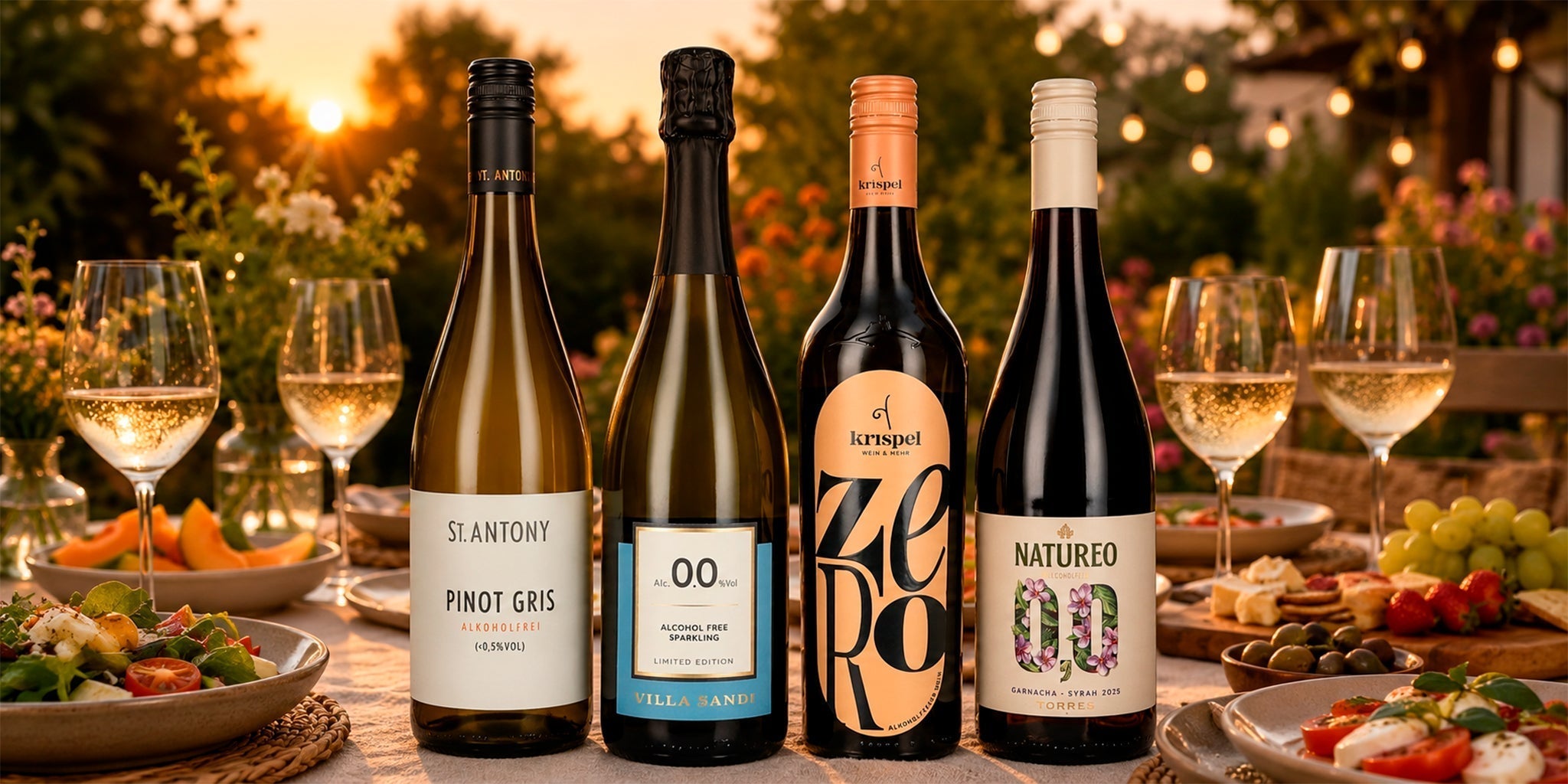 Alcohol-free wine bottles including St. Antony Pinot Gris, Villa Sandi sparkling, Krispel Zero and Natureo red wine on a sunset summer dinner table with glasses, salads and appetizers.