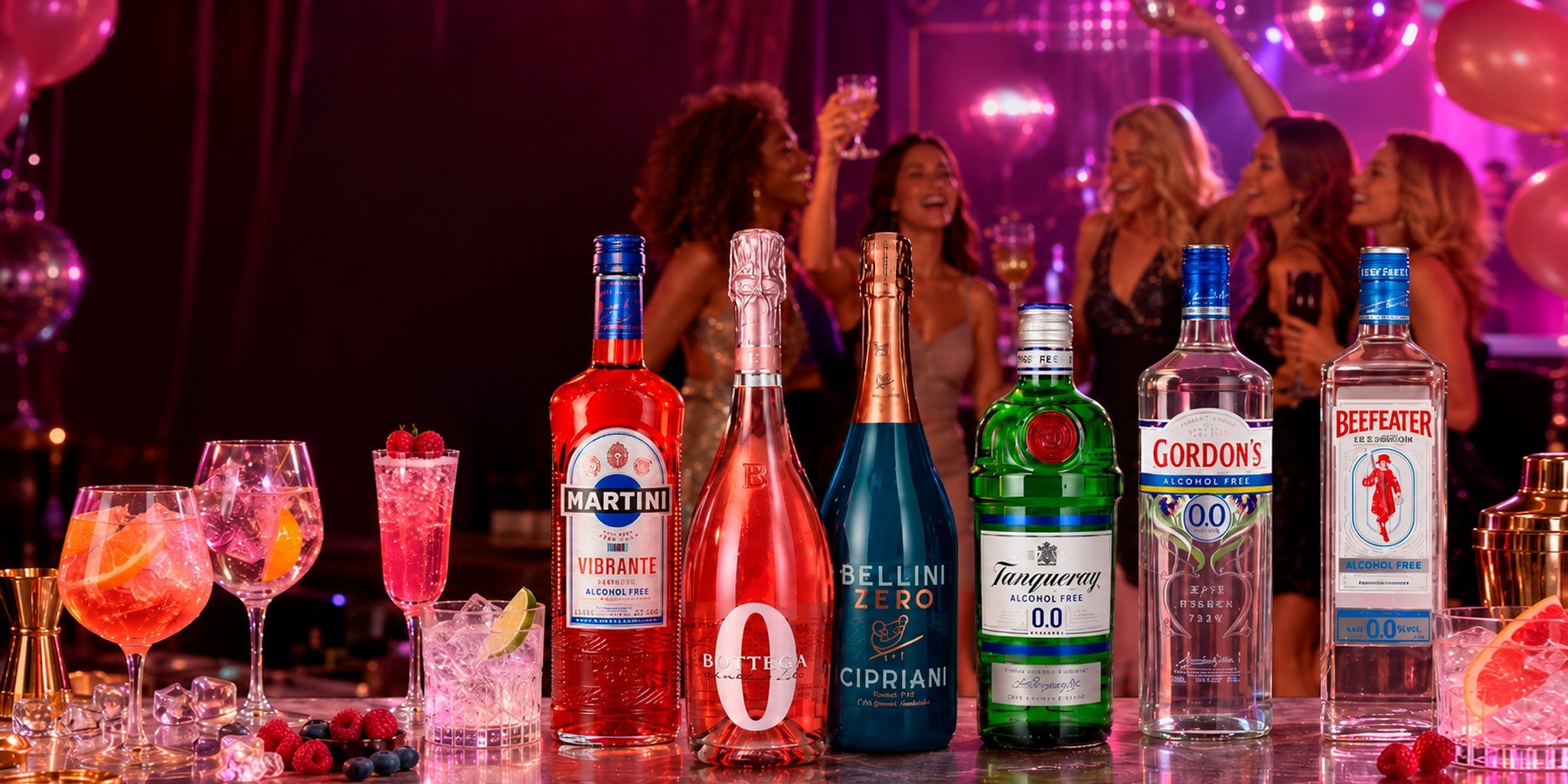 Zero-proof drinks for a girls’ weekend with Martini Vibrante, Bottega Zero, Bellini Zero Cipriani, Tanqueray 0.0, Gordon’s 0.0 and Beefeater Alcohol Free on a pink party bar.