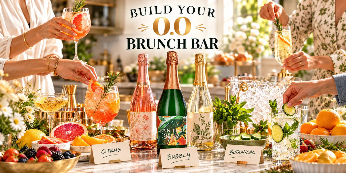 Build Your 0.0 Brunch Bar featuring alcohol-free sparkling drinks and Zanthos Verjus with colorful citrus, botanical and bubbly mocktails, fresh fruit, herbs and ice at a bright brunch table.