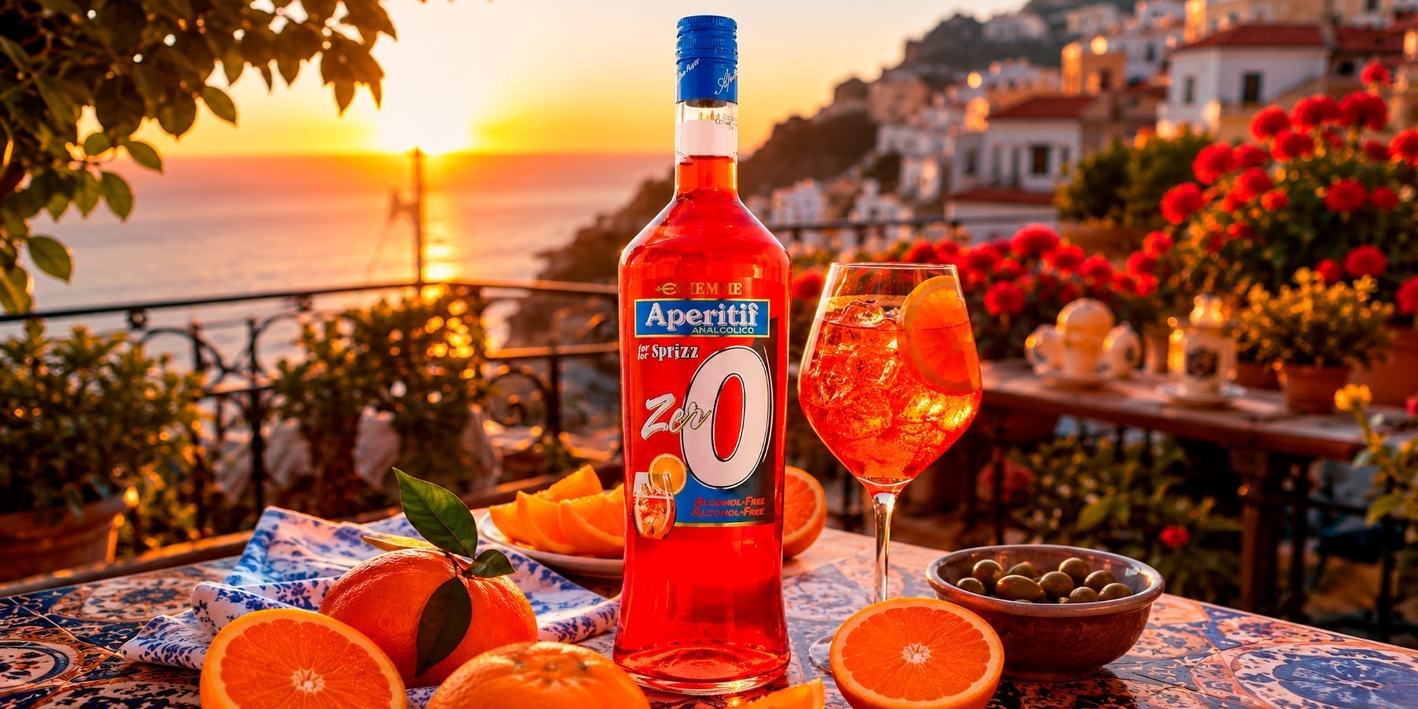 Ciemme Aperitif Zero alcohol-free spritz bottle with a bright orange spritz cocktail on a Mediterranean terrace at sunset, surrounded by oranges, olives and coastal summer views.