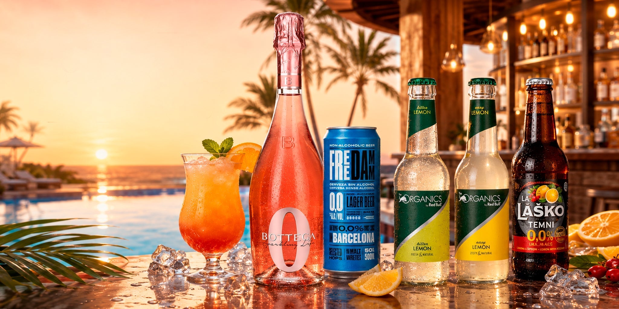 Refreshing summer drinks with Bottega Zero, Free Damm 0.0, Red Bull Organics mixers and Laško 0.0 beer on a tropical sunset bar with ice and citrus.