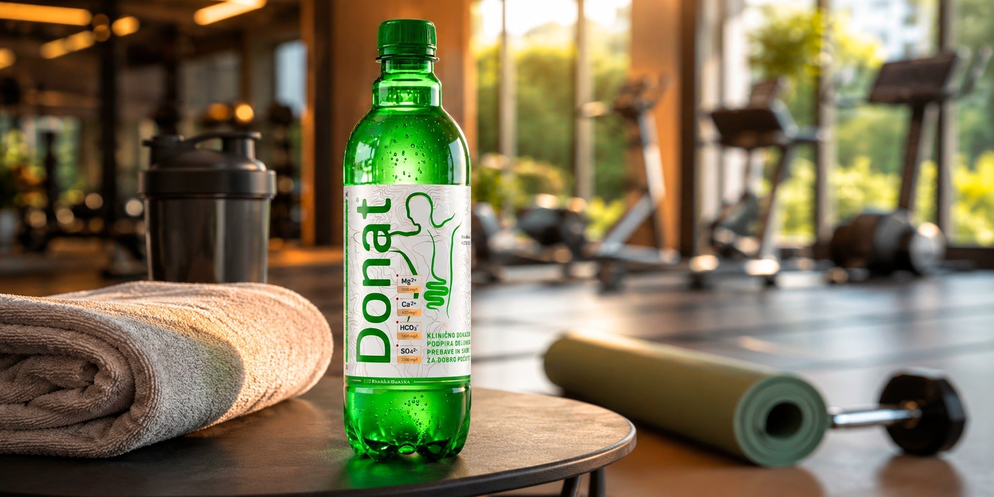 Donat mineral water bottle on a gym table with towel, shaker, yoga mat and workout equipment in a warm fitness studio setting.
