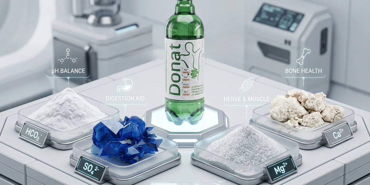 Donat mineral water bottle displayed in a clean science-inspired lab scene with bicarbonate, sulfate, magnesium and calcium mineral elements, plus pH balance, digestion aid, nerve and muscle, and bone health icons.