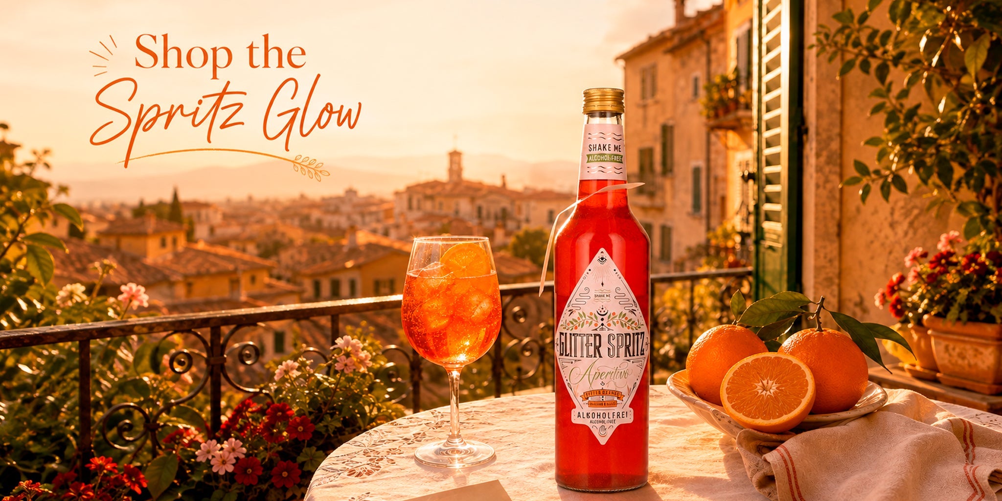 Glitter Spritz alcohol-free aperitivo bottle with orange spritz cocktail on a warm sunset balcony, styled with fresh oranges and Italian summer glow for a zero-proof spritz mood.