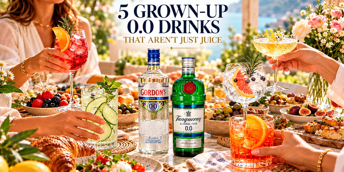 Five grown-up 0.0 alcohol-free drinks featuring Gordon’s Alcohol Free and Tanqueray 0.0 served as colorful citrus, cucumber and botanical mocktails at a sunny brunch table.