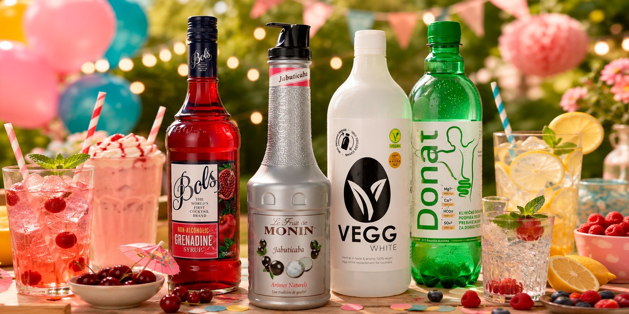 Kids’ summer mocktail setup with Bols grenadine syrup, Monin Jabuticaba, Vegg White and Donat mineral water surrounded by colorful alcohol-free drinks, fruit, balloons and party decorations.