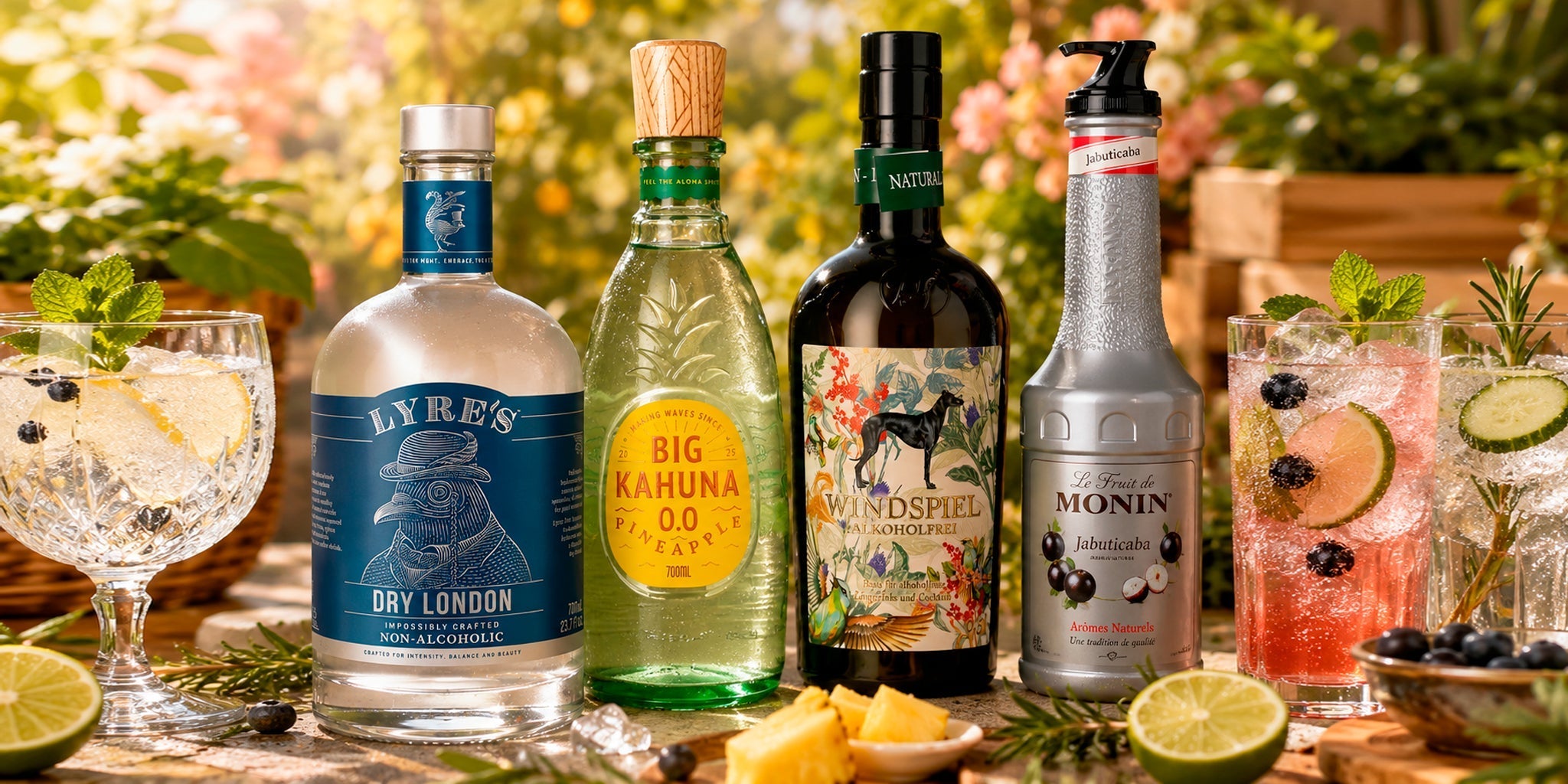 Non-alcoholic gin alternatives with Lyre’s Dry London, Big Kahuna 0.0 Pineapple, Windspiel alcohol-free gin and Monin Jabuticaba syrup on a summer garden table with fresh mocktails, citrus and berries.