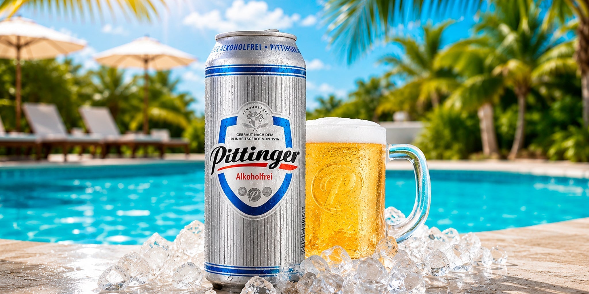 Pittinger Alkoholfrei non-alcoholic beer can with a frosty beer mug on ice by a sunny pool, styled with tropical palm leaves and summer resort vibes.