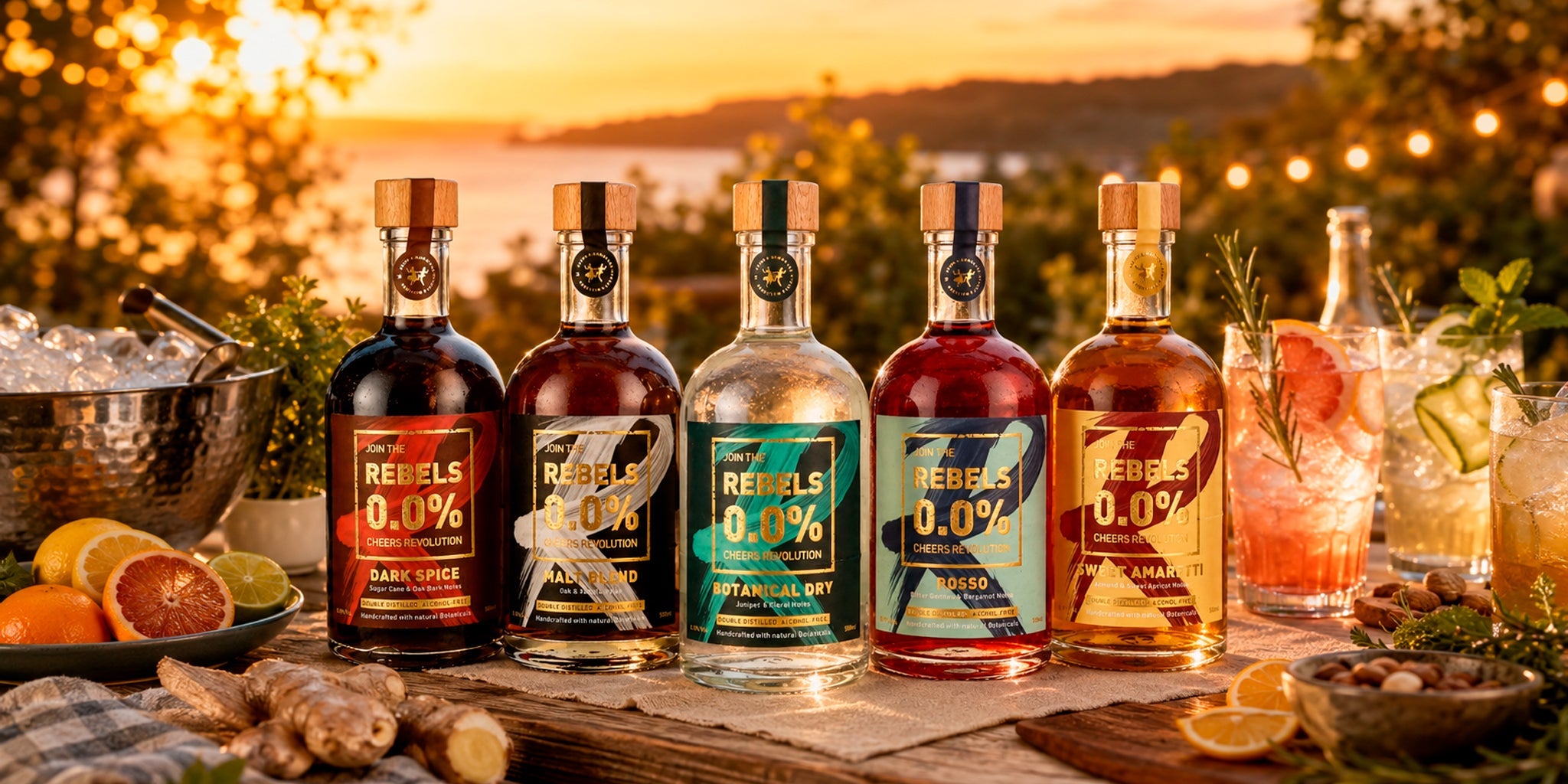 Rebels 0.0 alcohol-free spirits collection with Dark Spice, Malt Blend, Botanical Dry, Rosso and Sweet Amaretti on a sunset outdoor table with citrus, ice and summer cocktails.