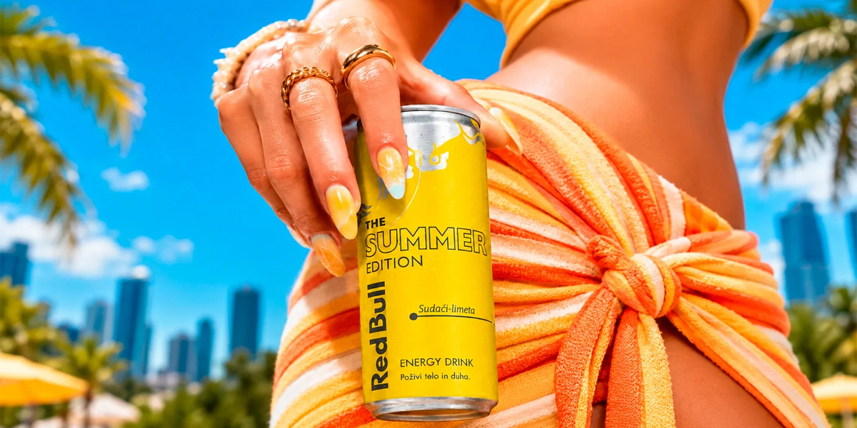 Red Bull The Summer Edition Sudachi Lime energy drink can held in hand against a bright tropical summer backdrop with palm trees, blue sky and city skyline.