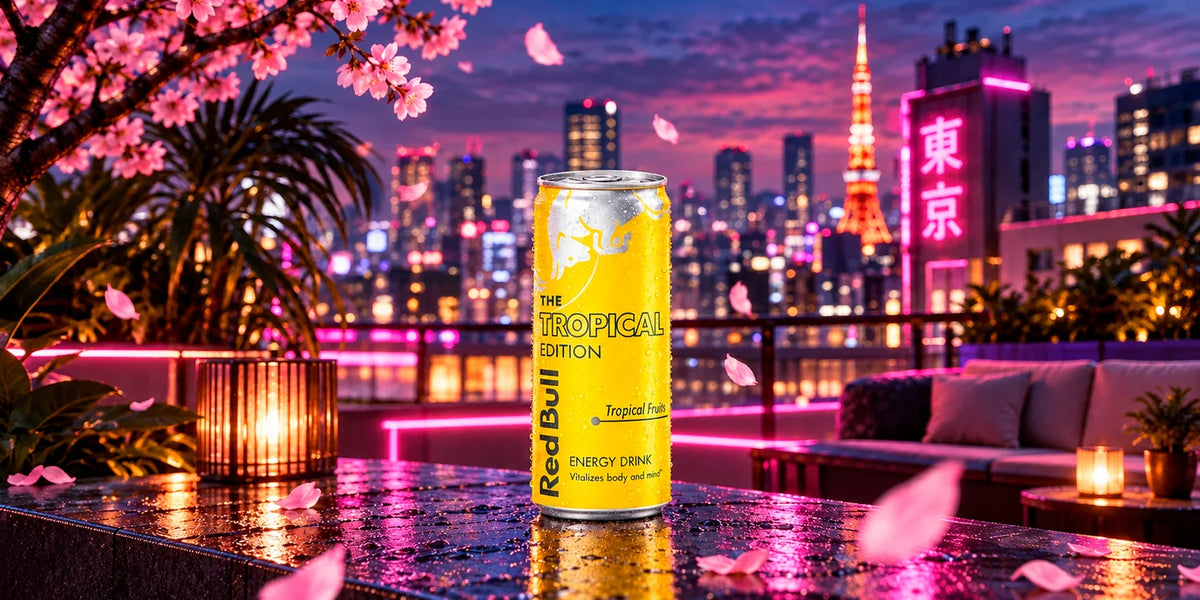 Red Bull The Tropical Edition energy drink can on a neon-lit Tokyo rooftop at sunset, surrounded by cherry blossoms and vibrant city lights.