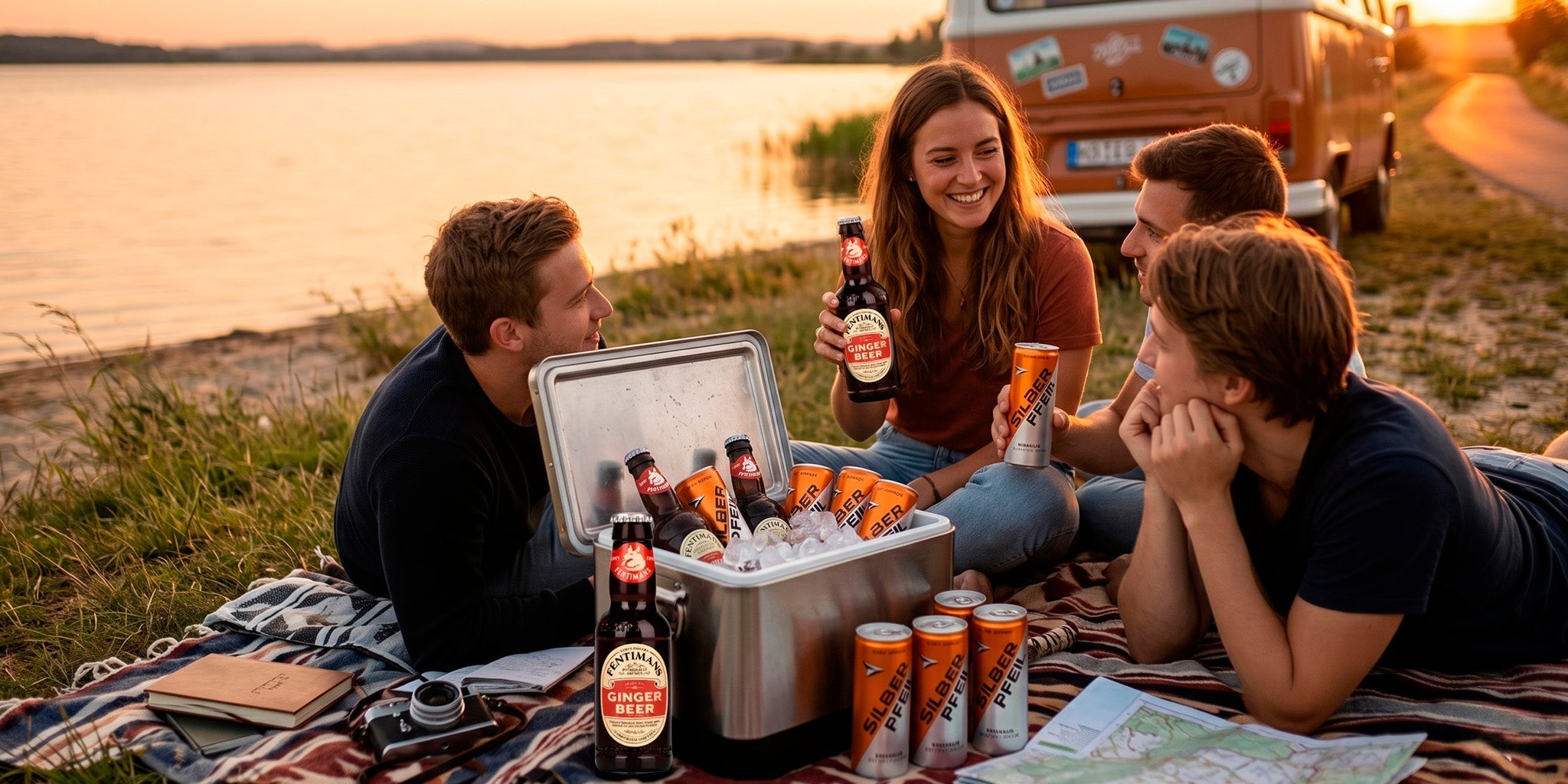 Friends enjoying road trip drinks by a lakeside camper van with chilled ginger beer and zero beer cans in a cooler at sunset.