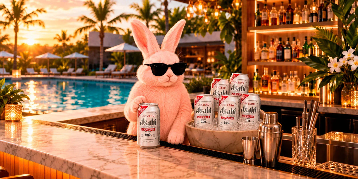 Asahi Dry Zero non-alcoholic beer cans chilled on ice at a sunset pool bar, styled with a playful pink bunny in sunglasses, tropical palms and premium summer party atmosphere.
