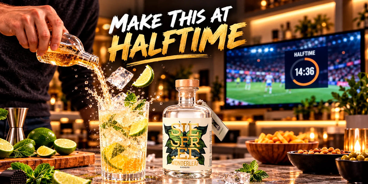 Siegfried Wonderleaf alcohol-free 0.0 spirit served in a refreshing lime and mint mocktail with ice during halftime of a football game at home.