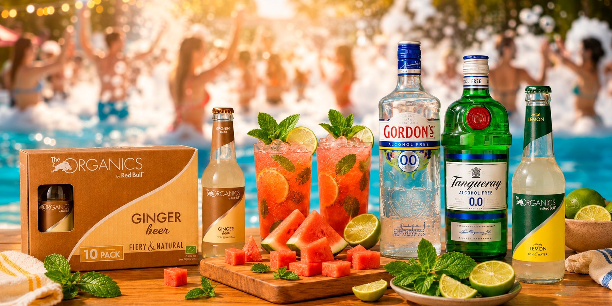 Summer mocktails with watermelon, mint and lime alongside Red Bull Organics Ginger Beer, Gordon’s 0.0 and Tanqueray 0.0 alcohol-free gin at a sunny pool party.
