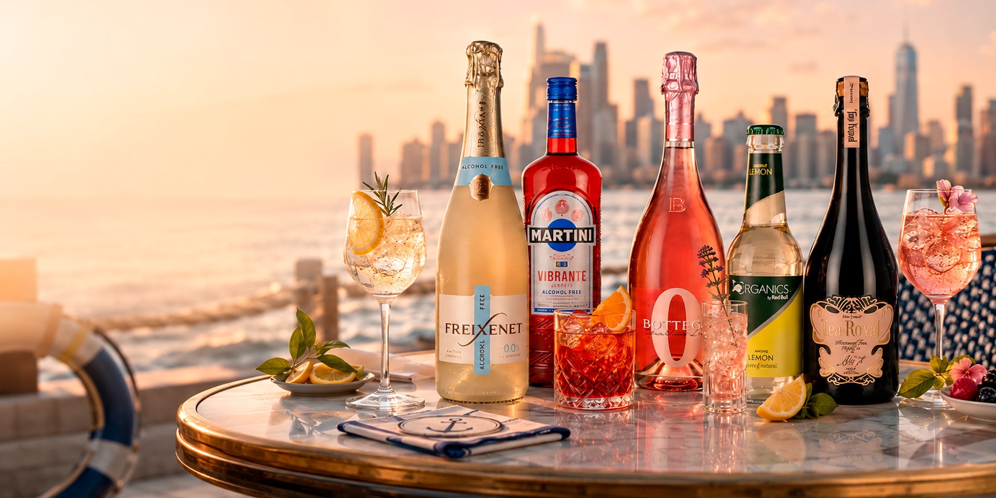 Sunset drinks setup with Freixenet alcohol-free sparkling wine, Martini Vibrante, Bottega Zero, Red Bull Organics Lemon and Tea Royal on a seaside table at golden hour.
