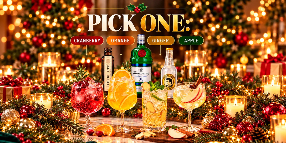 Tanqueray Alcohol Free 0.0 with Le Tribute and Thomas Henry tonic surrounded by four festive Christmas mocktails featuring cranberry, orange, ginger and apple garnishes.