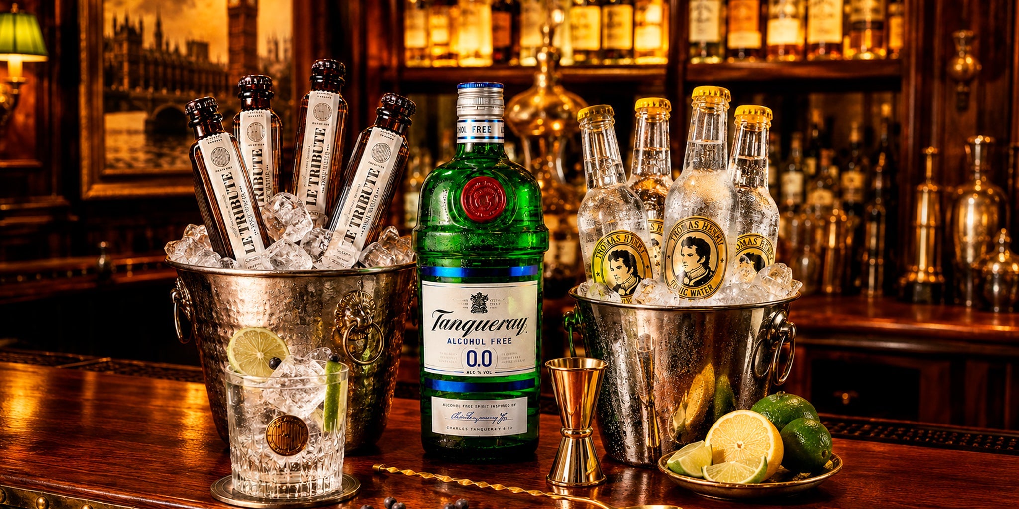 Tanqueray Alcohol Free 0.0 bottle with Le Tribute and Thomas Henry tonic bottles in ice buckets, styled on a classic bar counter with lime, lemon and gin and tonic cocktail.