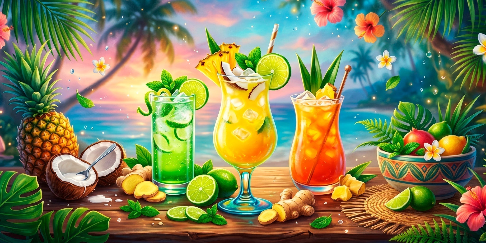 Colorful tropical zero cocktails with pineapple, coconut, lime, ginger and mint on a bright island-inspired summer background.