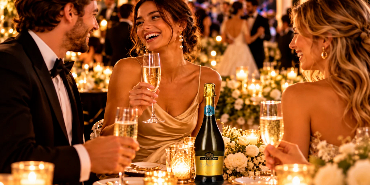 Villa Sandi 0.0 alcohol-free sparkling wine served in champagne flutes at an elegant candlelit wedding reception with guests in formal attire.