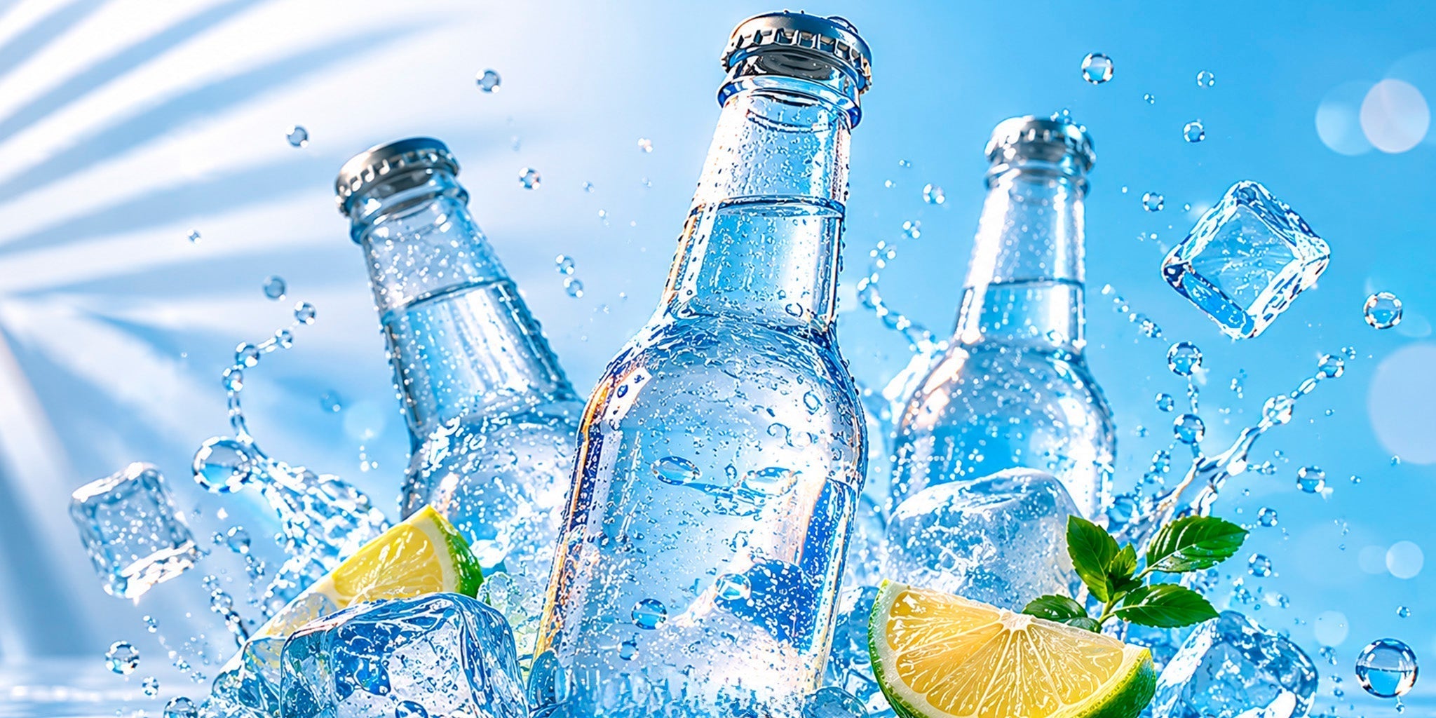 Chilled zero alcohol drinks with ice, lemon, lime, mint and sparkling water splashes on a bright blue summer background.