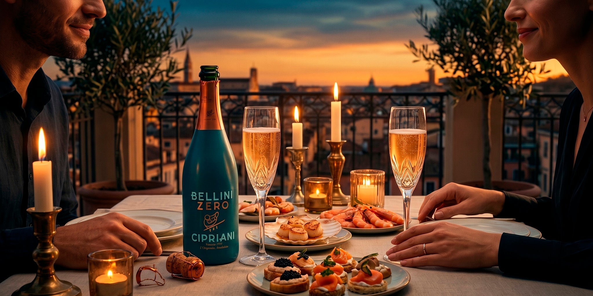 Zero alcohol date night with Bellini Zero Cipriani, sparkling glasses, candles and elegant seafood appetizers on a romantic sunset terrace.