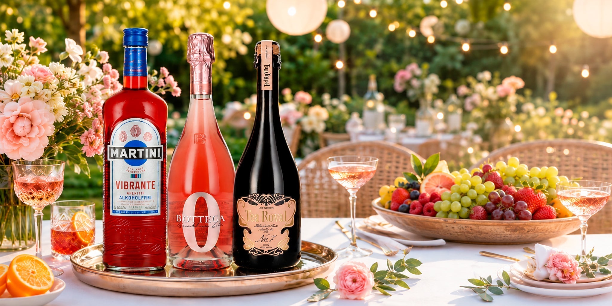 Zero-alcohol garden party drinks with Martini Vibrante, Bottega Zero and Tea Royal sparkling tea on an elegant outdoor table with fruit, flowers and summer lights.