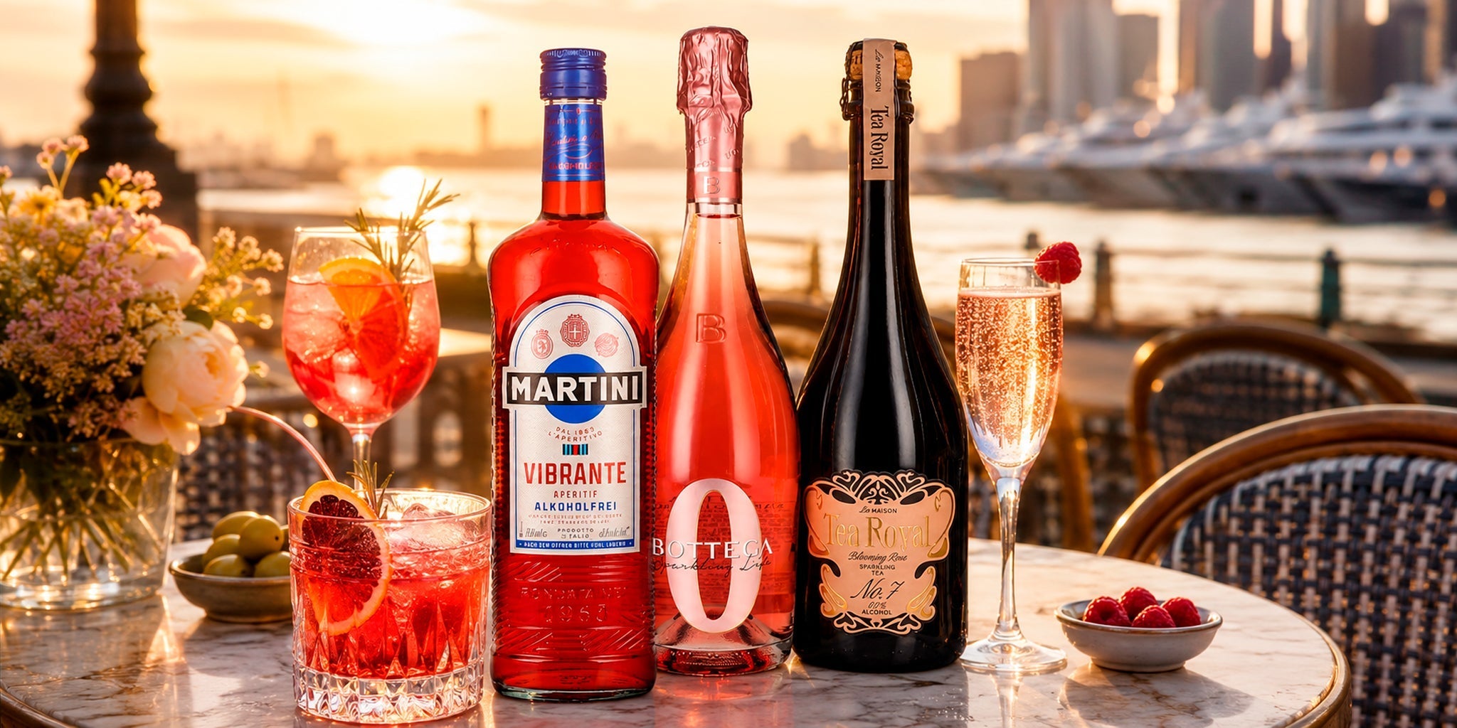 Zero-proof sunset balcony drinks with Martini Vibrante, Bottega Zero and Tea Royal sparkling tea, served with alcohol-free cocktails and berries on a golden hour waterfront table.