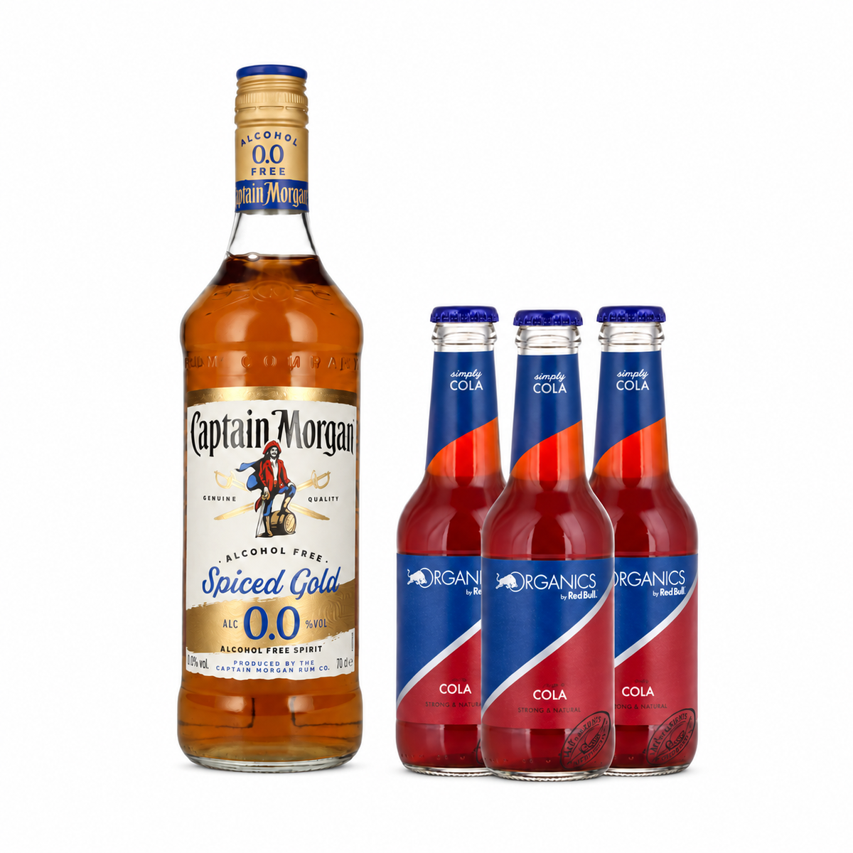 Captain Morgan 0.7l 0.0% Spiced Gold & Red Bull Organics Simply Cola (3 bottles) Set